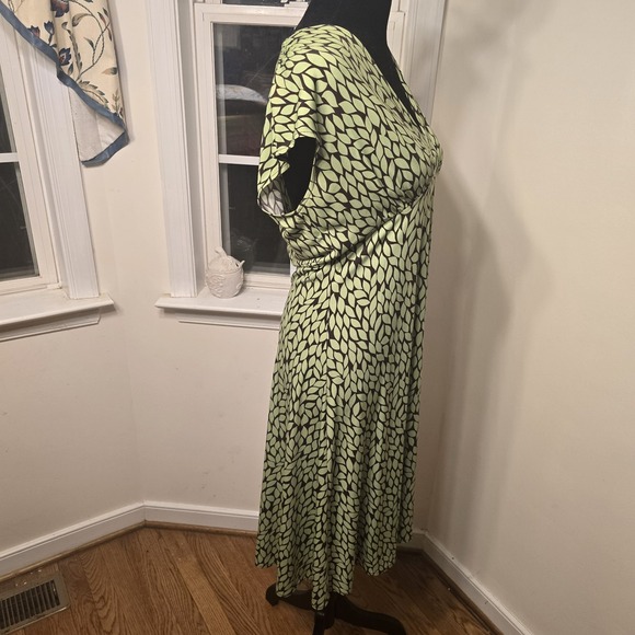London Style Womens Green Brown Leaf Print V-Neck Midi Dress Size 10 - Picture 4 of 6